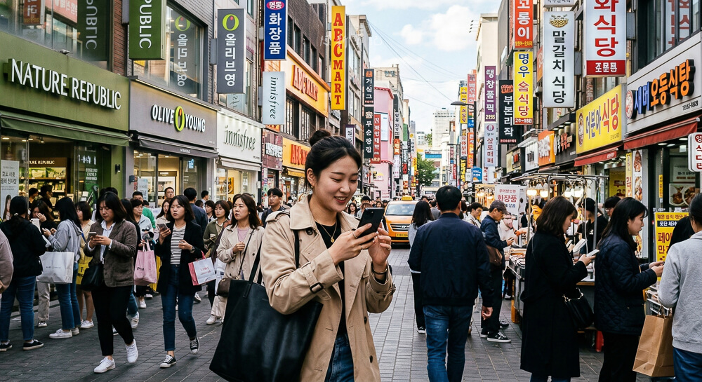 首爾街頭使用手機導航上網