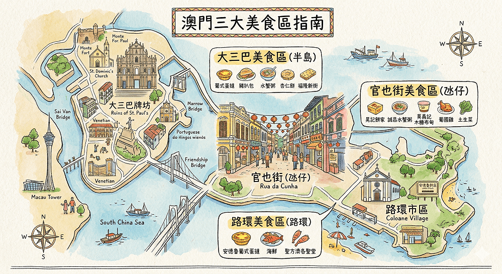 澳門美食地圖｜官也街、大三巴、路環三大美食區分布圖
