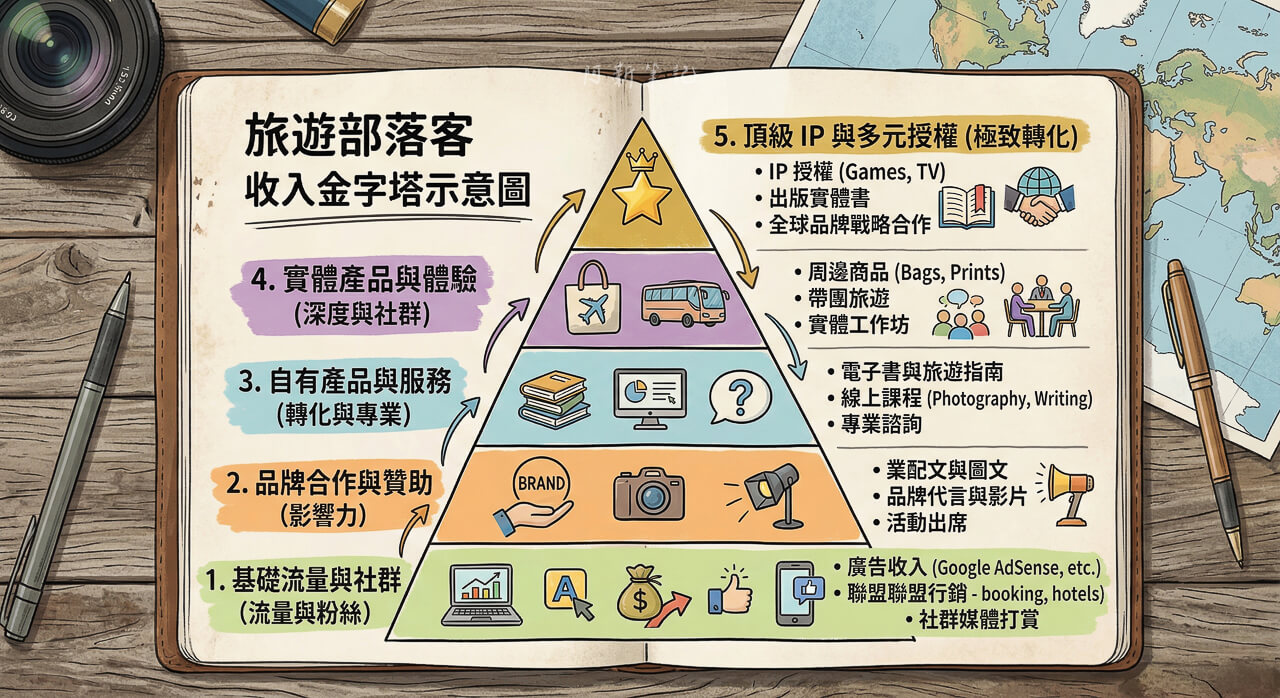 旅遊部落客收入金字塔 廣告 聯盟行銷 業配 自營電商